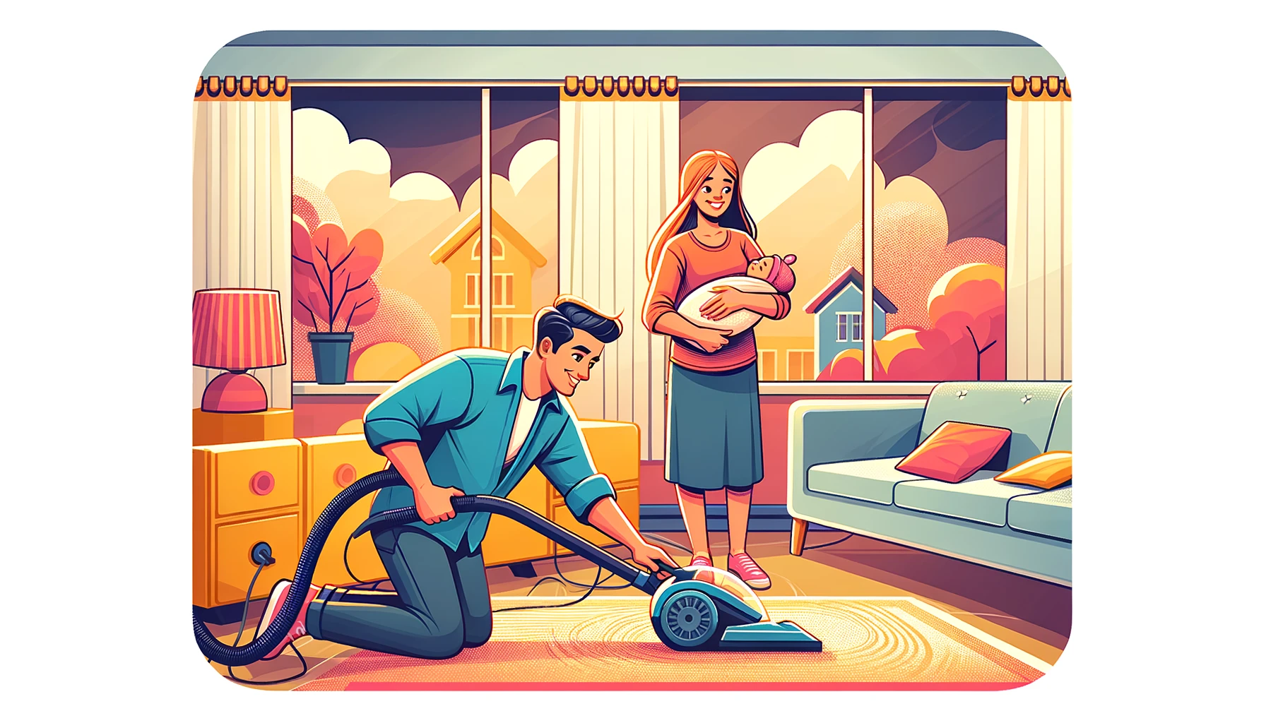 An illustrative image of a father helping with household chores to support the mother after childbirth, in a stylized and colorful art style, depicted in a wide horizontal format. The father is shown vacuuming the living room, while the mother, holding a newborn, watches with a smile. The scene is depicted in a warm, inviting, and cartoonish style, emphasizing a sense of teamwork and family support in a cozy home setting.
